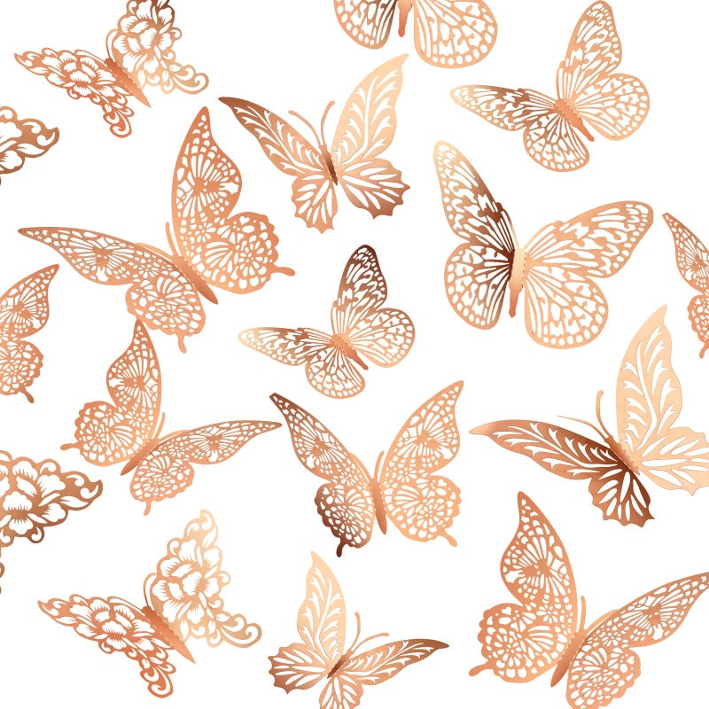 XUNXMAS 3D Gold Butterfly Wall Decor 3 Sizes 4 Styles Butterfly Party Decorations Cake Decorations Removable Stickers Wall Decor Room Mural Metallic Kids (Rose Gold, 48Pcs) - Image 1